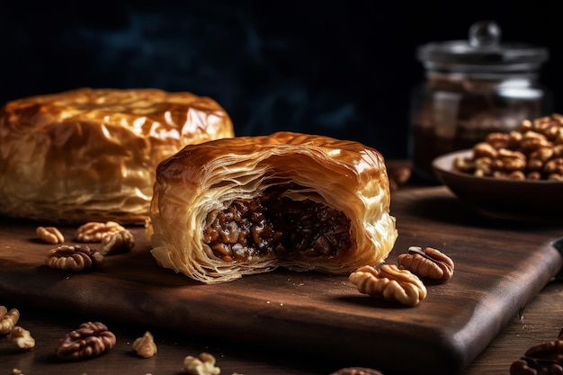 A sweet pastry with pecans on the side