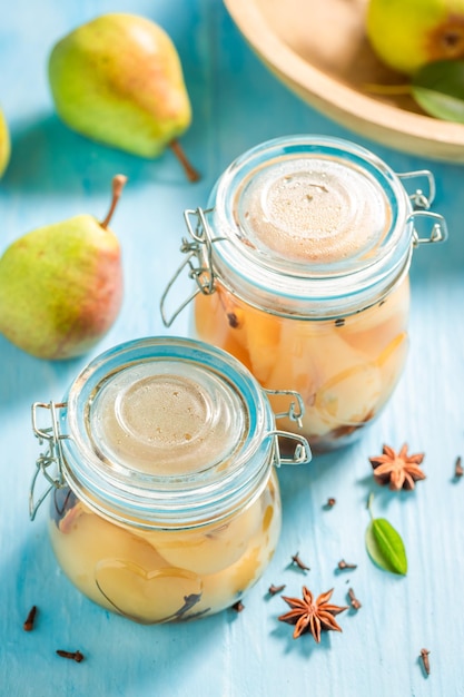 Sweet pickled pears in sugar and vinegar