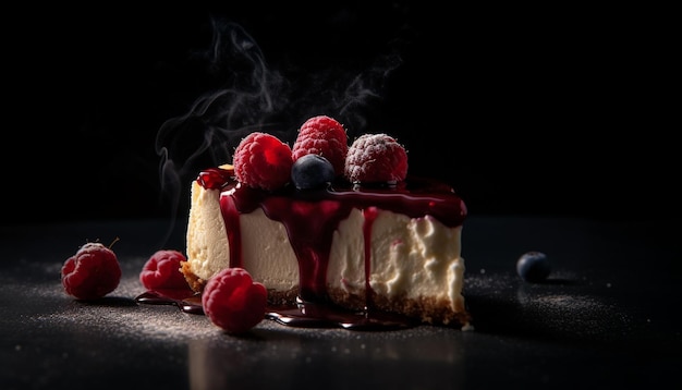 Sweet pie slice with raspberry and strawberry berry fruit decoration generated by artificial intelligence