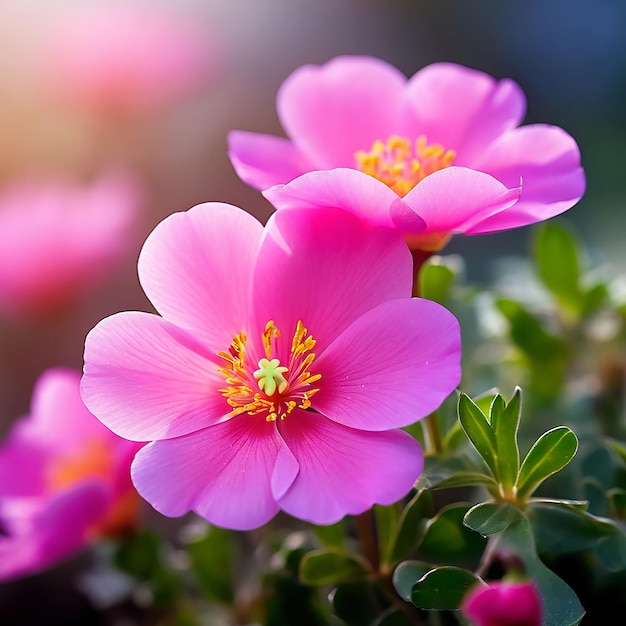 Sweet pink flower common purslane portulaca flowers soft blur