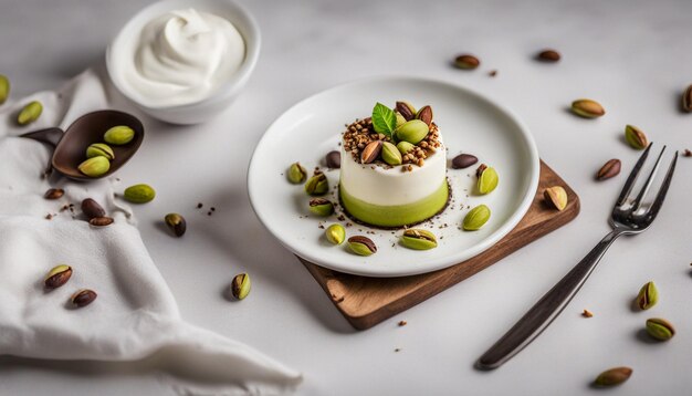 Photo sweet pistachio dessert with vanilla cream and nuts and chocolate on white plate with fork