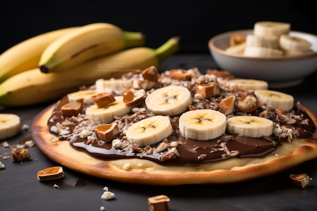 Sweet pizza with caramelized banana marshmallow chocolate dragee