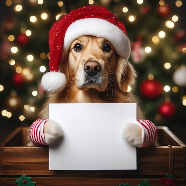 Sweet pooch all decked out in Christmas garb displaying a blank placard