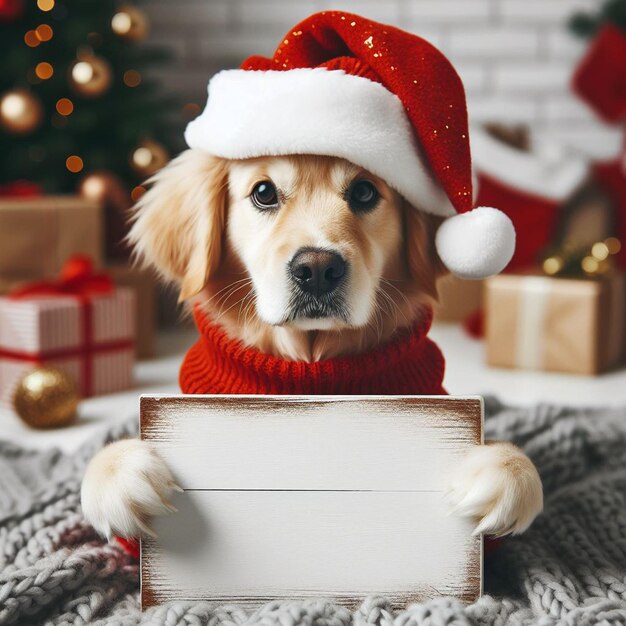 Sweet pooch all decked out in Christmas garb displaying a blank placard