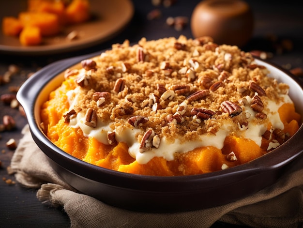 Sweet potato casserole with marshmallows and pecans Festive dish served for Thanksgiving Day dinner Mashed sweet potato with pecans close up Baked sweet potato with nut topping autumn food concept