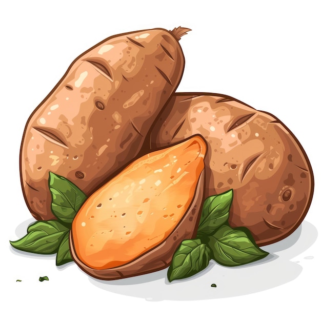 Sweet Potato Illustration Korean Food Cartoon with Delicious Meat Isolated on White Background