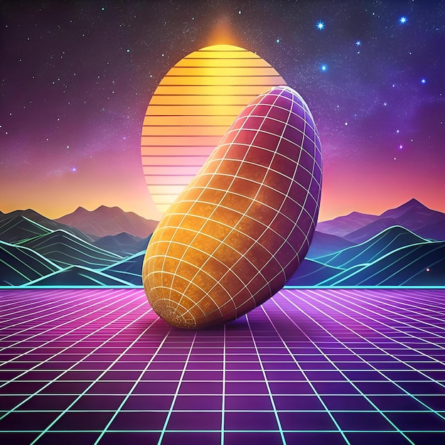 A sweet potato rendered in 3D set against a retro 80s synthwave backdrop with a sunset and mountains