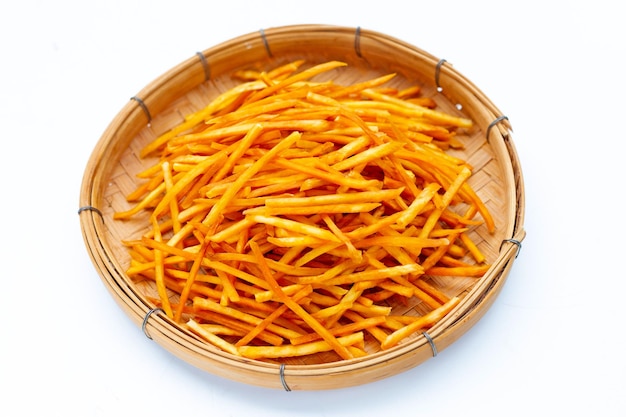 Sweet potato sticks on white background