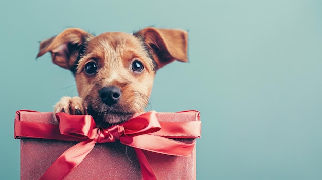 Sweet puppy with large eyes peers over a pink gift box adorned with a ribbon embodying innocence and festive surprise