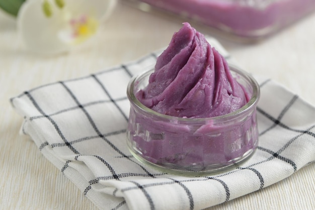 Sweet purple yam paste in a glass bowl