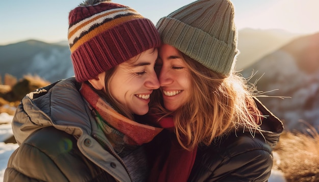 sweet queer couple cuddle in sunshine on winter hike in europe