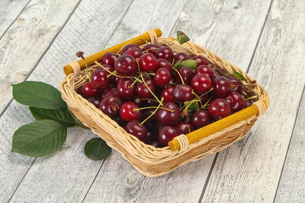 Sweet ripe cherry with leaves