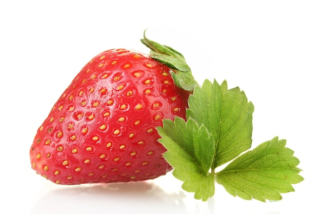 Sweet ripe strawberry with leaves isolated on white