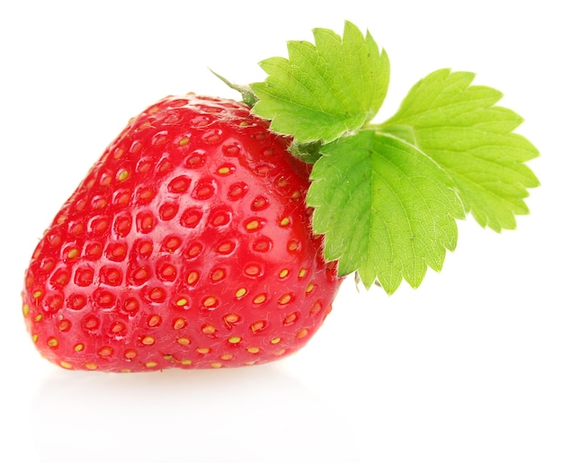 Sweet ripe strawberry with leaves isolated on white