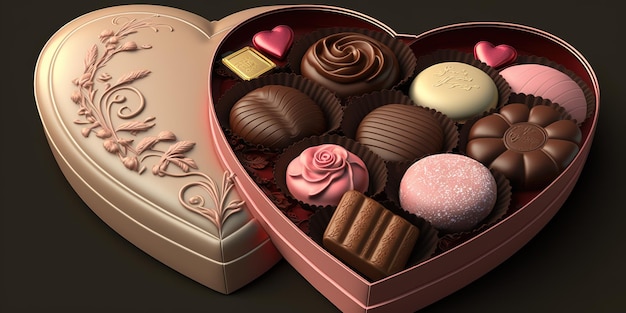 sweet romantic dessert of heart shaped candy box with macaroons and chocolate