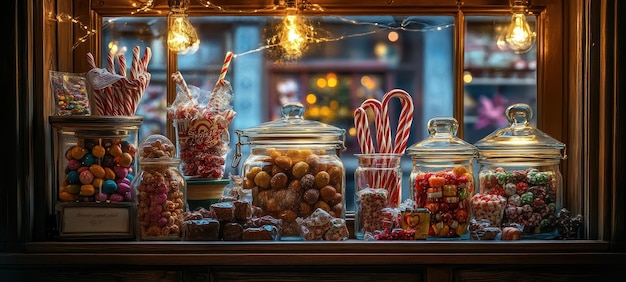 Photo a sweet shop window display with oldfashioned candy jars vintage candy canes and classic treats