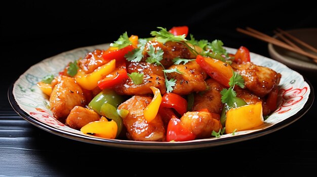 Photo sweet and sour chicken with bell peppers served on a white plate with cilantro garnish