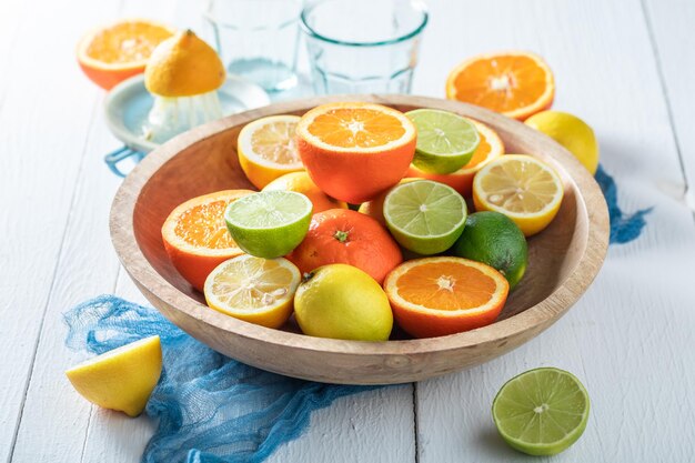 Sweet and sour mix of citrus fruits to make juice