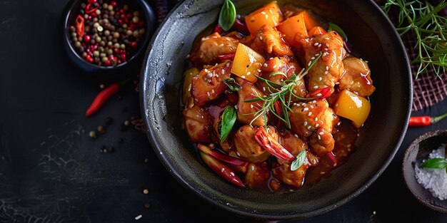 Photo sweet and sour pork with strong unidirectional lighting