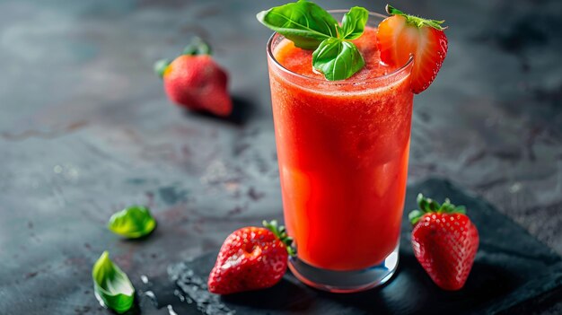 Sweet strawberry juice with a hint of basil served in a tall glass with a strawberry garnish