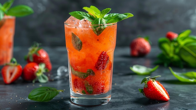 Sweet strawberry juice with a hint of basil served in a tall glass with a strawberry garnish