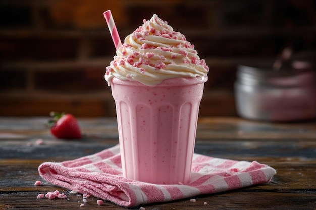 Photo sweet strawberry milk shake on the towel on the marble background