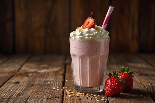 Sweet summer milkshake on wood table background