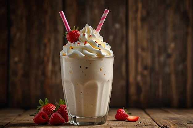 Sweet summer milkshake on wood table background