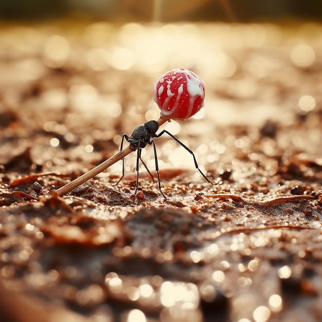 Photo sweet surprise lollipop with sideways ant visitors