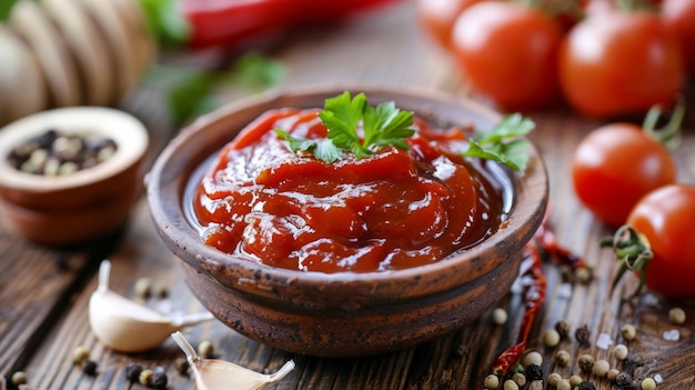 A sweet and tangy barbecue sauce made with ripe tomatoes fragrant garlic and y peppers all grown in