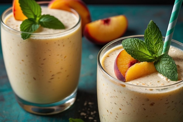 Sweet and tangy peach mint lassi with peach slices an