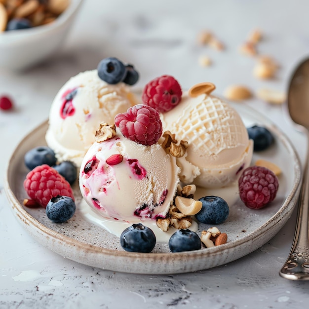 Sweet and tasty ice cream with fresh berries nuts and drizzled syrup on elegant plate