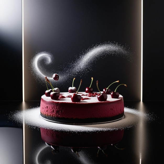 Photo sweet temptation cherry cheesecake on black background