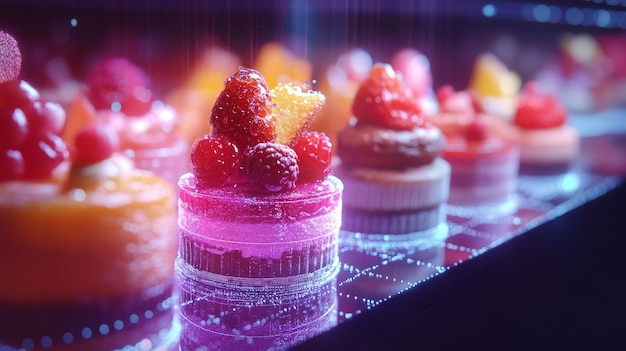 Photo sweet and tempting hologram dessert table display with rotating sweets showcase of delicious treats empty space for text overlay