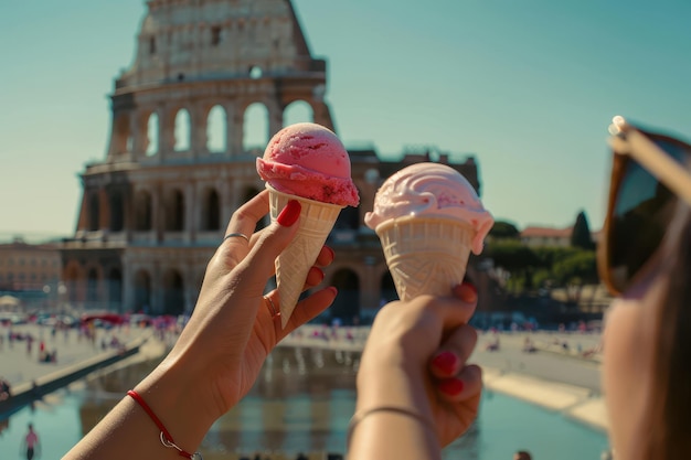 Sweet Treat on Vacation A closeup shot of a couple holding strawberry ice creams up together in It