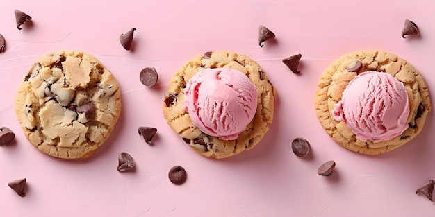 Photo sweet treats chocolate chip cookies and ice cream on pink background concept chocolate chip cookies ice cream sweet treats pink background