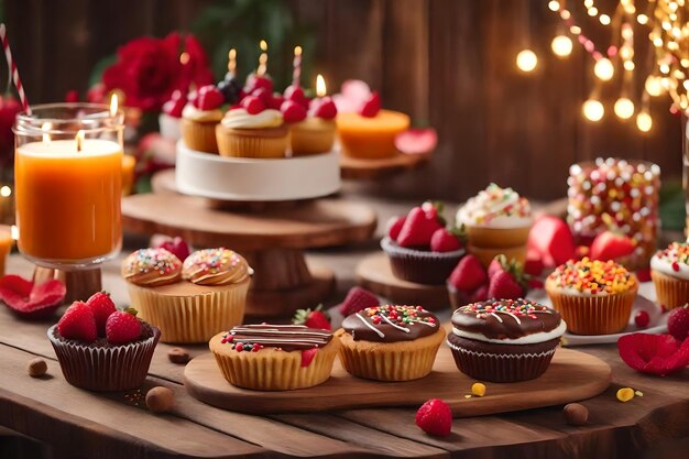 Sweet treats decorate wooden table for celebration generated by ai