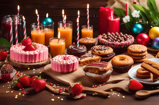 Sweet treats decorate wooden table for celebration generated by ai