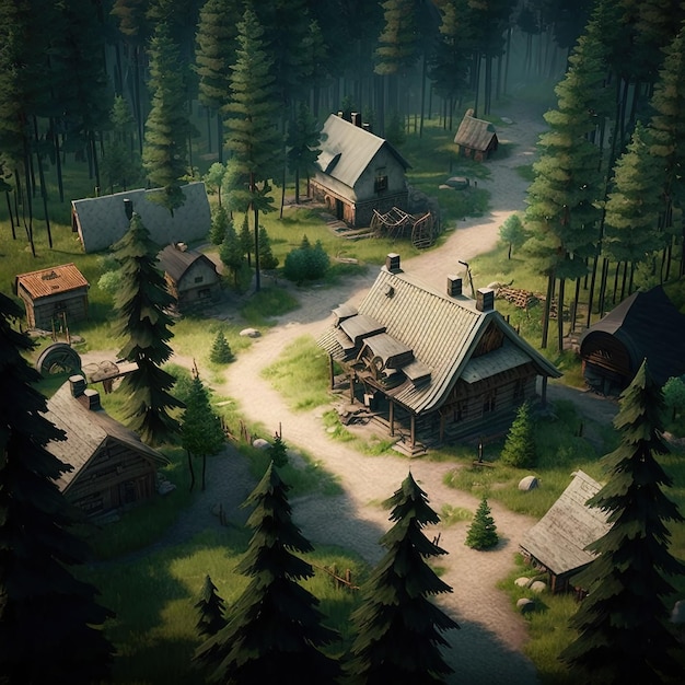 Sweet village houses in the forest swanLakeside Generative Ai