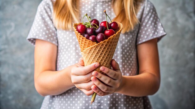 Photo sweet waffle cones with ripe cherries holding girls hand on a gray background