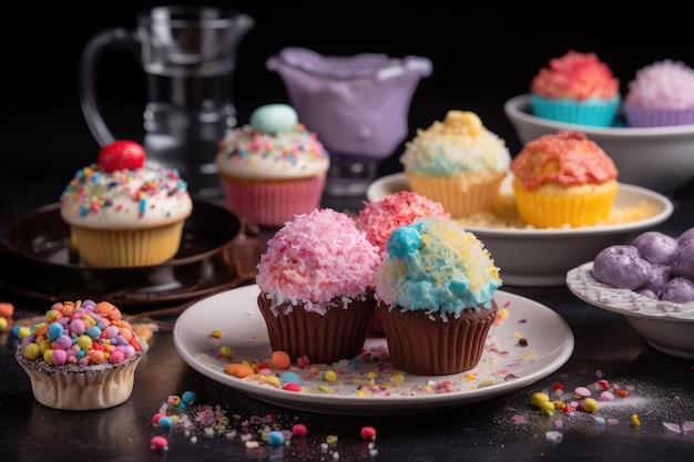 Sweetness party brigadeiros cupcakes and colorful macarons generative IA