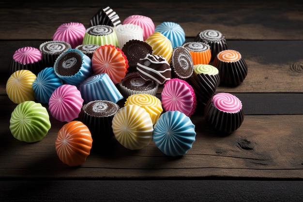 Sweets in bright wrappers displayed on a wooden table