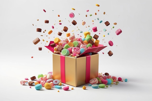 Photo sweets falling out the open gift box isolated on white background generative ai