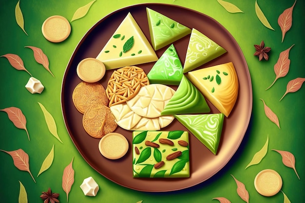 Sweets from India on a background of green Kaju katli or Kaju barfee