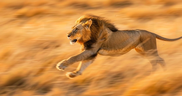 Photo a swiftly moving lion through the grasslands of the savanna a swift and formidable lion was spotted moving generative ai