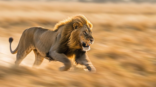 a swiftly moving lion through the grasslands of the savanna A swift and formidable lion was spotted moving Generative AI