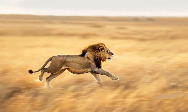 a swiftly moving lion through the grasslands of the savanna A swift and formidable lion was spotted moving Generative AI