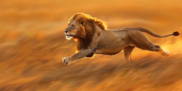 Photo a swiftly moving lion through the grasslands of the savanna a swift and formidable lion was spotted moving generative ai