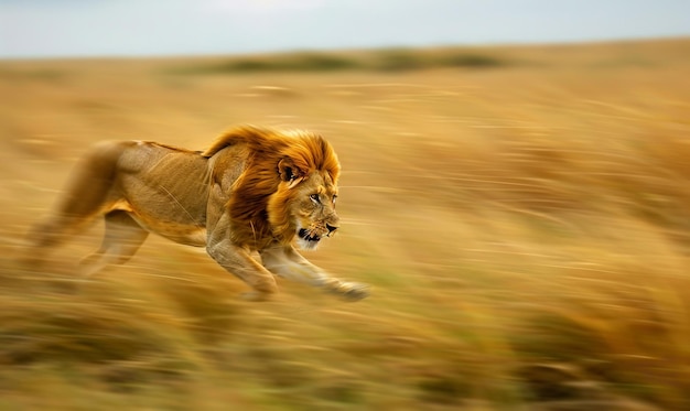 Photo a swiftly moving lion through the grasslands of the savanna a swift and formidable lion was spotted moving generative ai