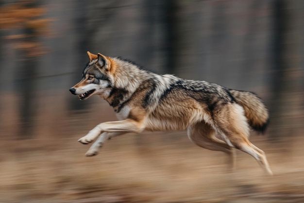 A swiftly running wolf in its natural habitat side view